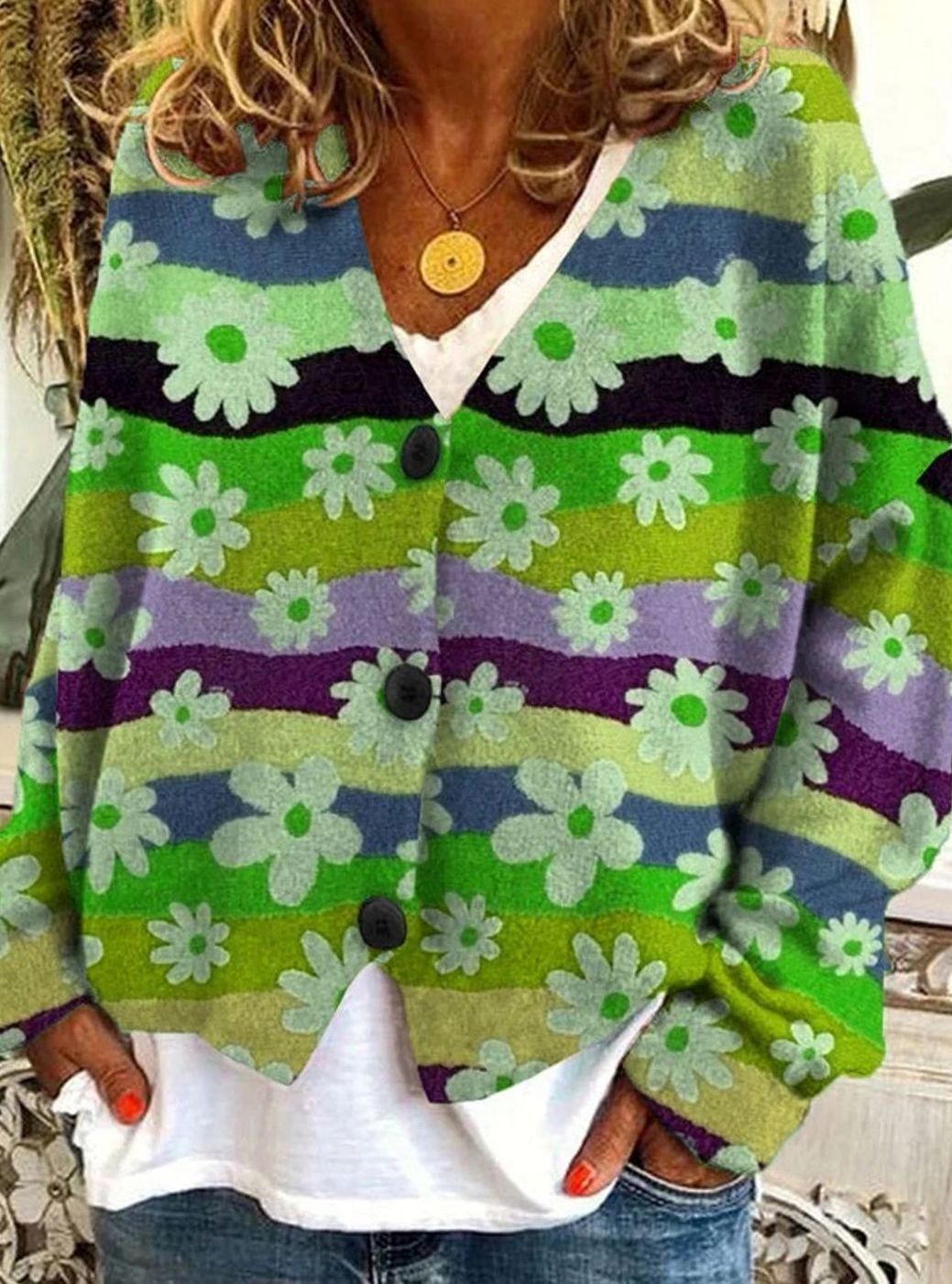 Women's Floral Striped Button-Front Oversized Cardigan - Green