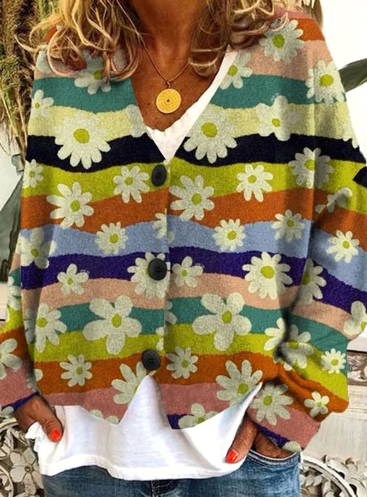 Women's Floral Striped Button-Front Oversized Cardigan - Yellow