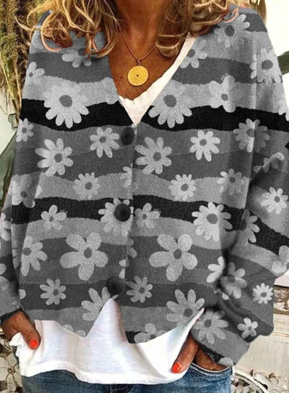 Women's Floral Striped Button-Front Oversized Cardigan - Gray
