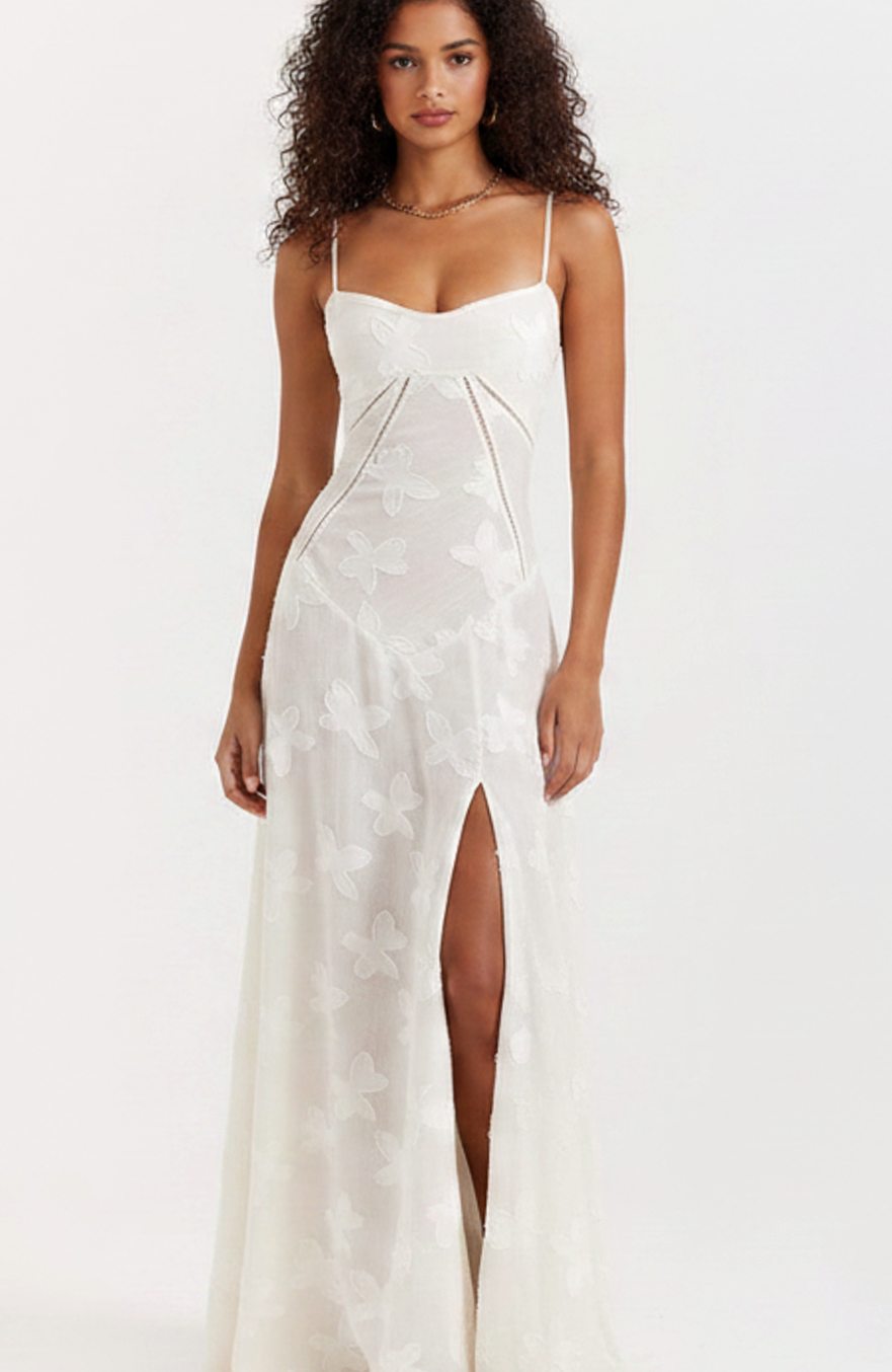 Women's Floral Textured Bustier Slit Maxi Gown Dress - Off White