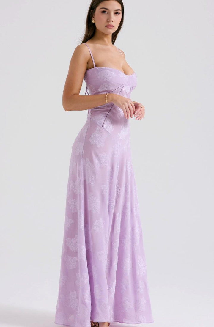 Women's Floral Textured Bustier Slit Maxi Gown Dress