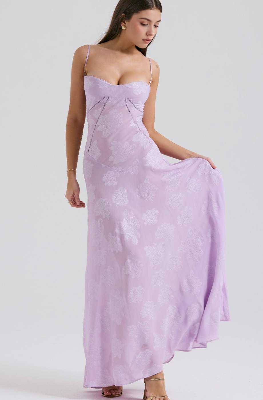 Women's Floral Textured Bustier Slit Maxi Gown Dress