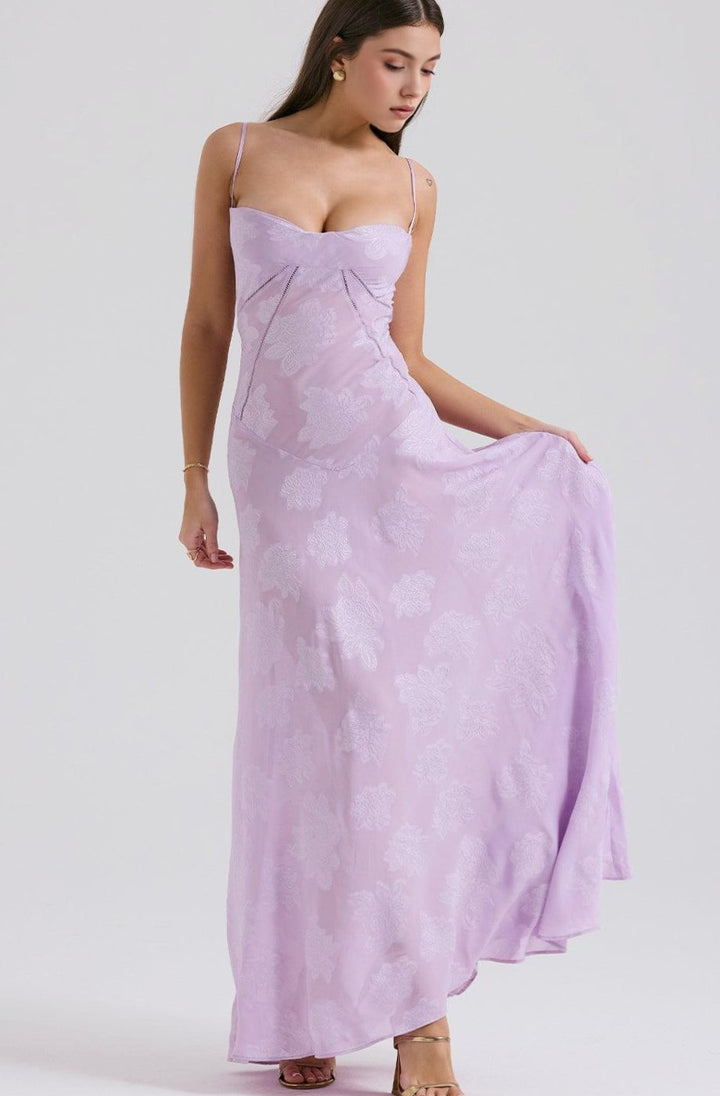 Women's Floral Textured Bustier Slit Maxi Gown Dress