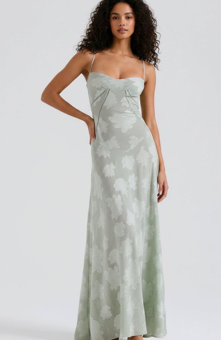 Women's Floral Textured Bustier Slit Maxi Gown Dress - Emerald Green