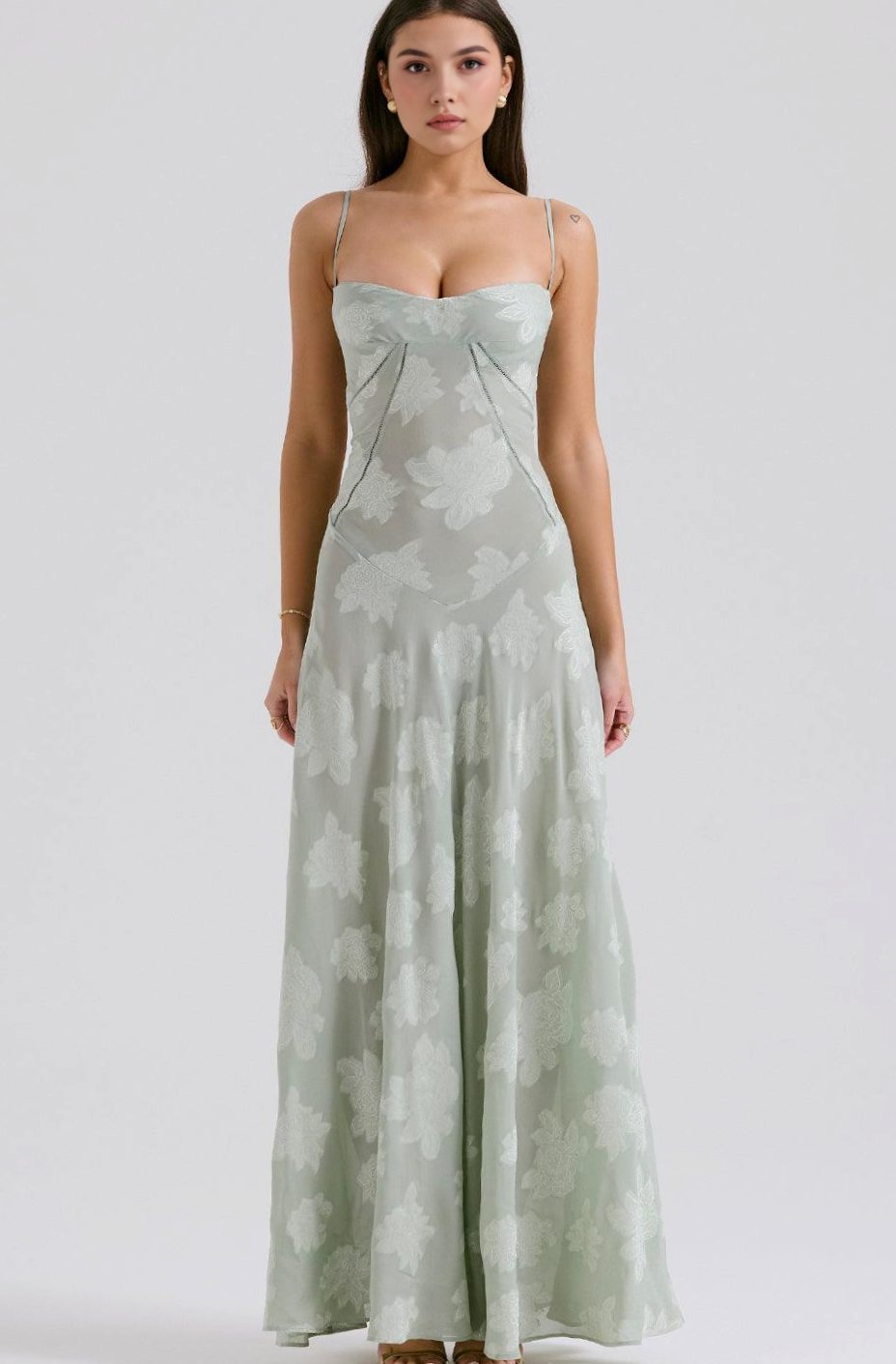 Women's Floral Textured Bustier Slit Maxi Gown Dress