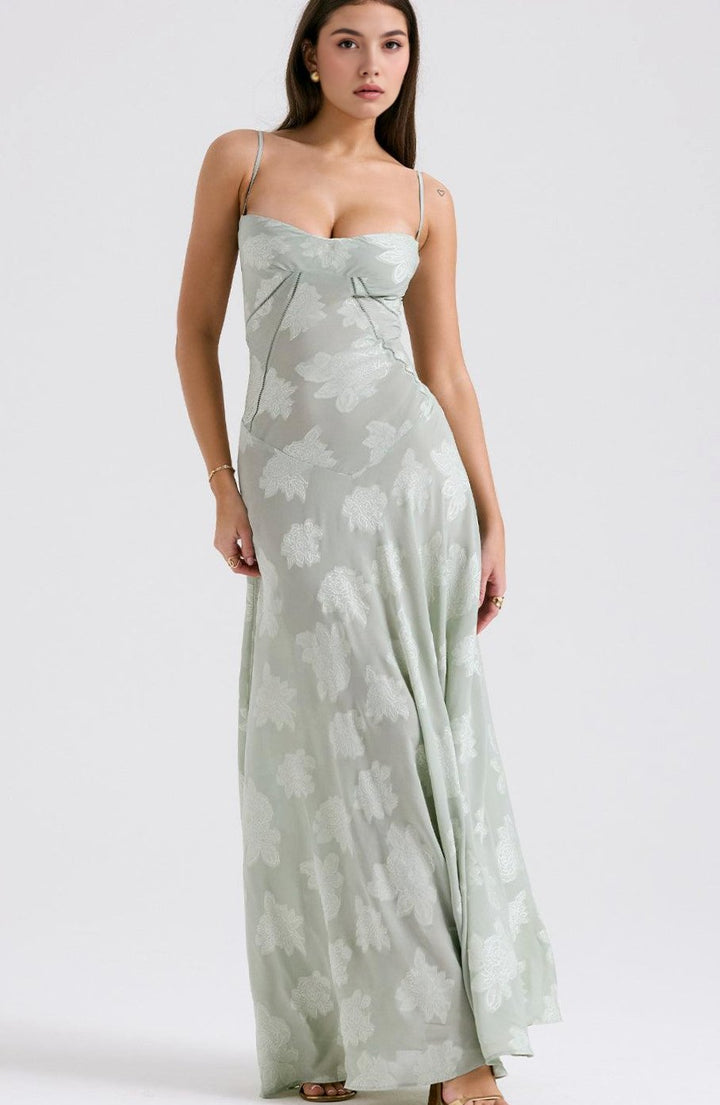 Women's Floral Textured Bustier Slit Maxi Gown Dress