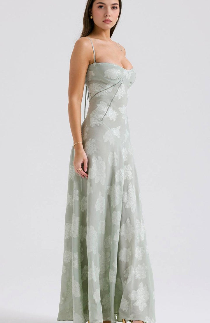 Women's Floral Textured Bustier Slit Maxi Gown Dress