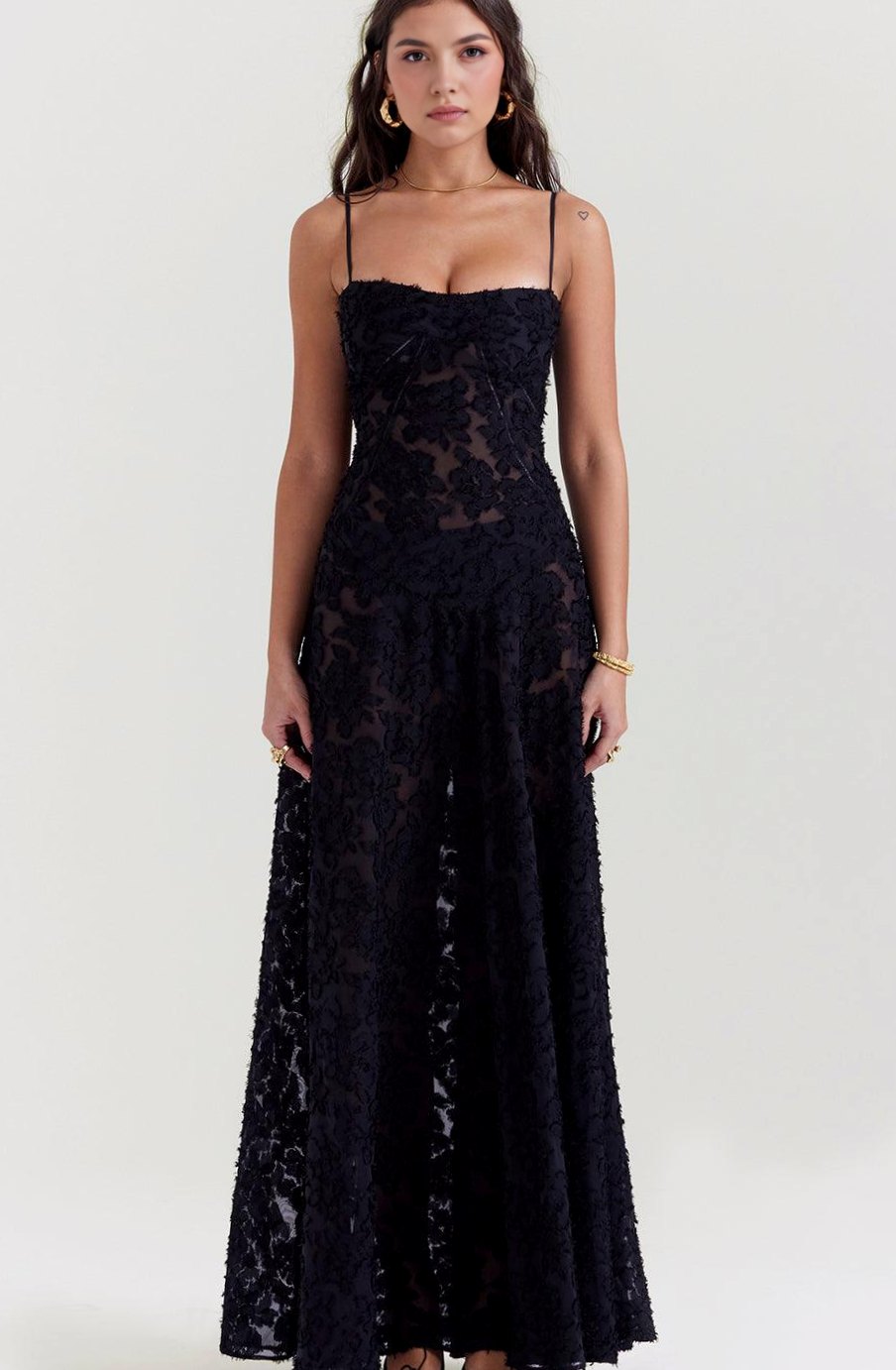 Women's Floral Textured Bustier Slit Maxi Gown Dress - Black