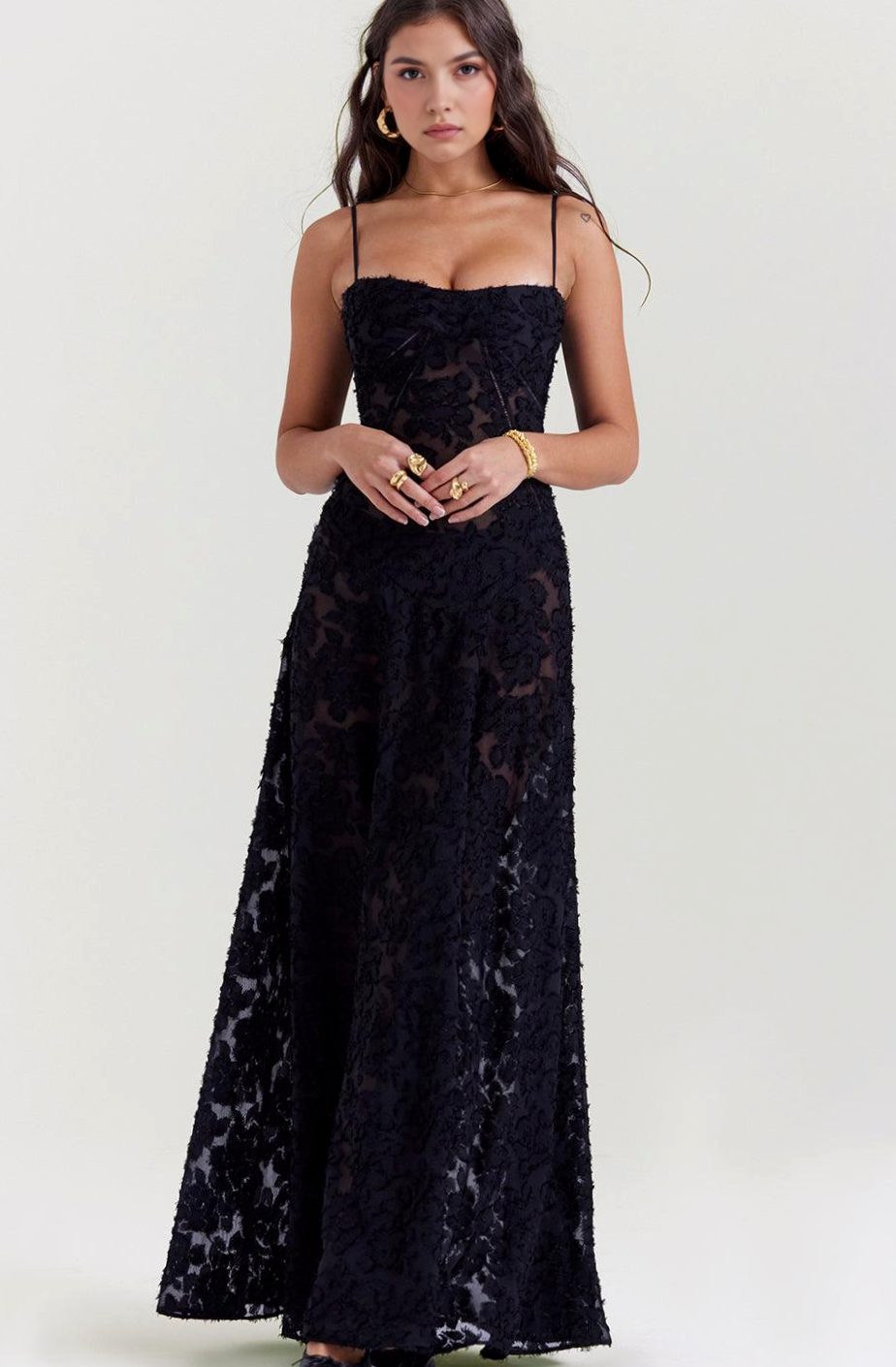 Women's Floral Textured Bustier Slit Maxi Gown Dress