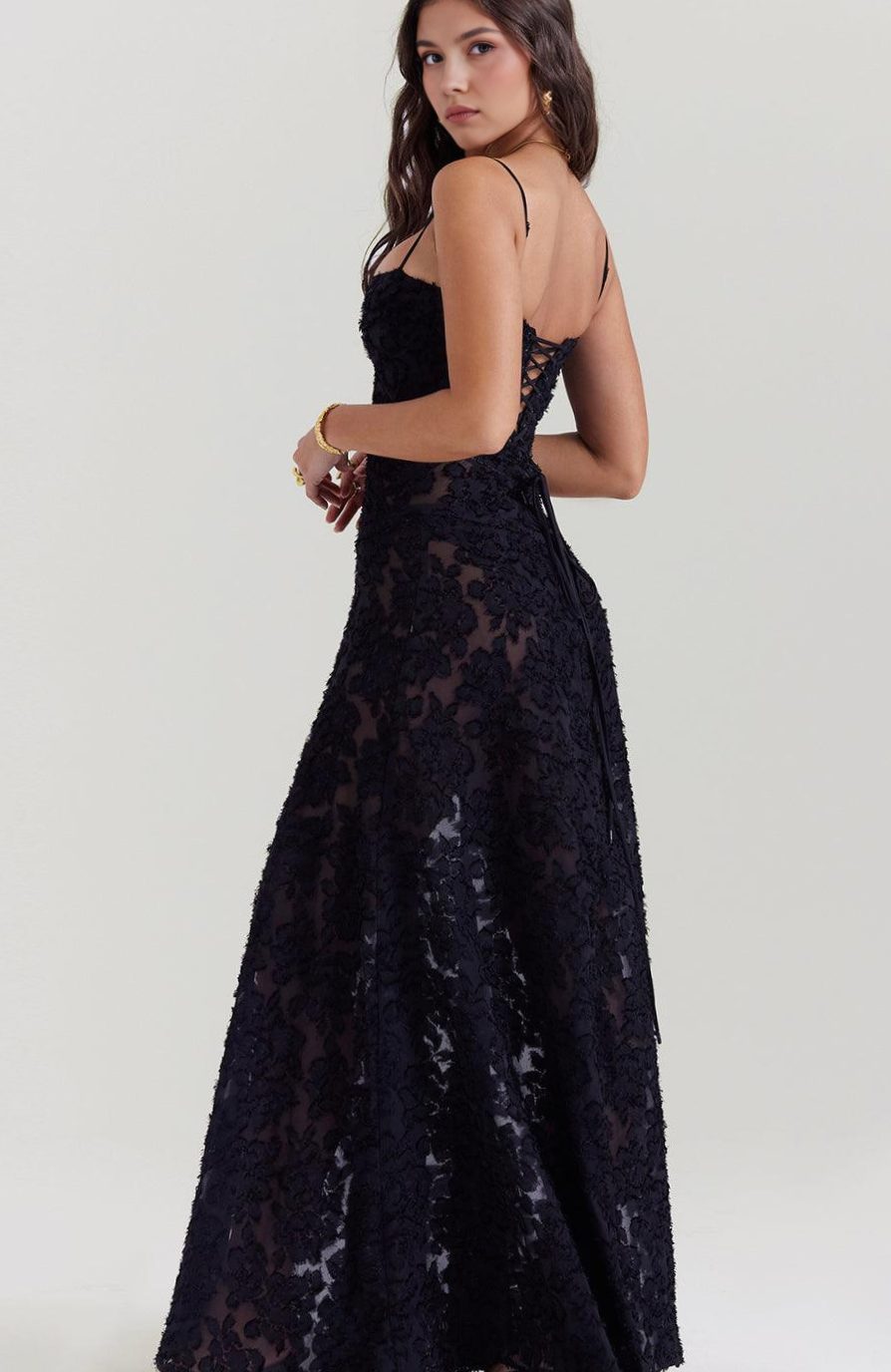 Women's Floral Textured Bustier Slit Maxi Gown Dress