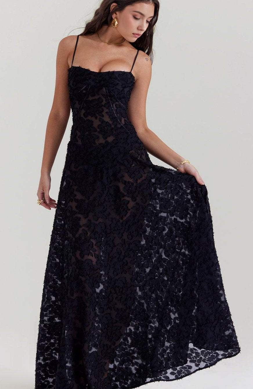 Women's Floral Textured Bustier Slit Maxi Gown Dress
