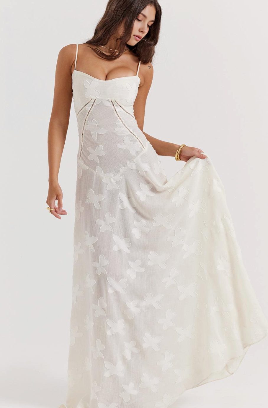 Women's Floral Textured Bustier Slit Maxi Gown Dress