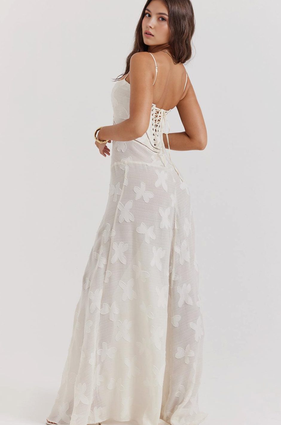 Women's Floral Textured Bustier Slit Maxi Gown Dress