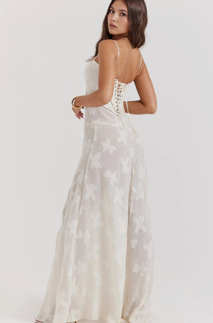 Women's Floral Textured Bustier Slit Maxi Gown Dress