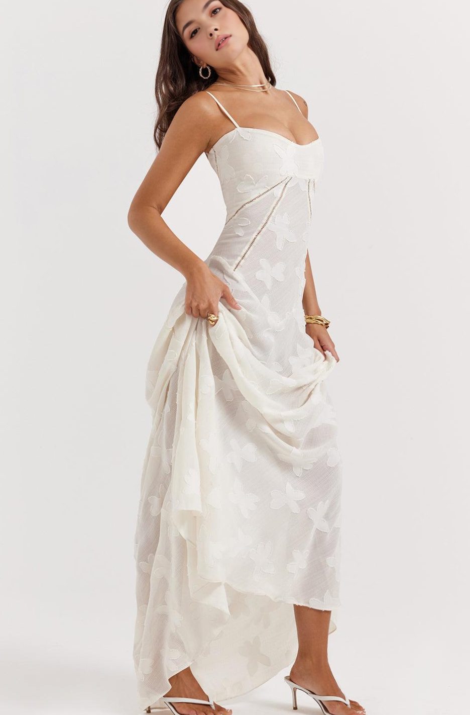 Women's Floral Textured Bustier Slit Maxi Gown Dress