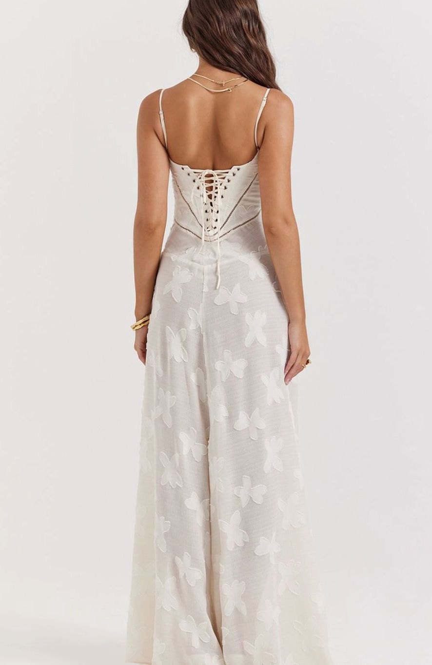 Women's Floral Textured Bustier Slit Maxi Gown Dress