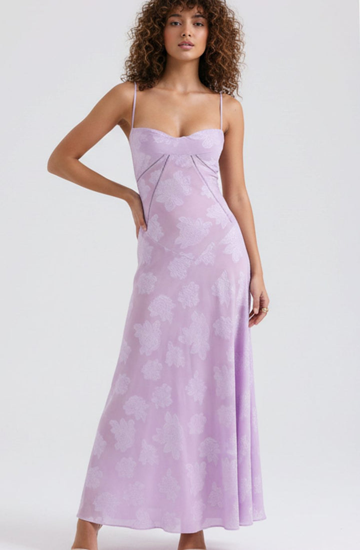 Women's Floral Textured Bustier Slit Maxi Gown Dress
