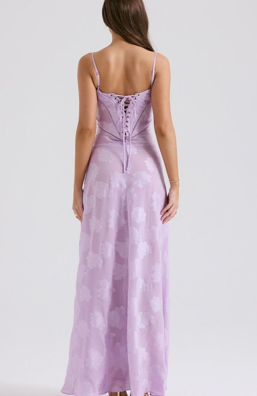 Women's Floral Textured Bustier Slit Maxi Gown Dress