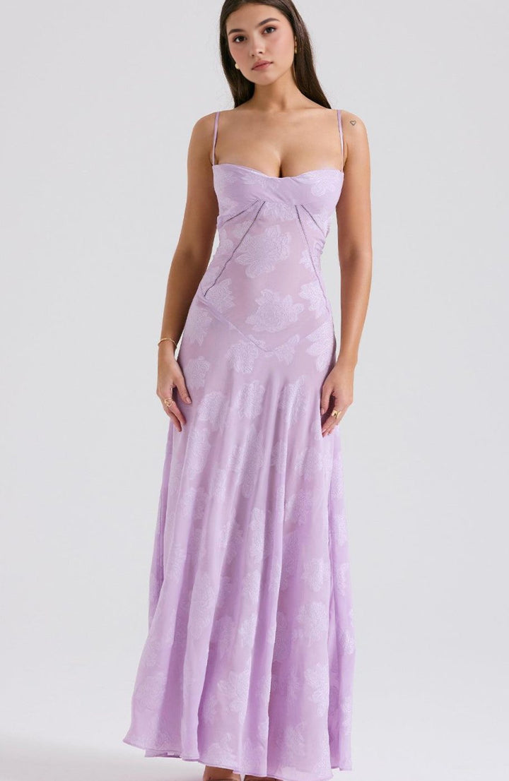 Women's Floral Textured Bustier Slit Maxi Gown Dress - Lilac