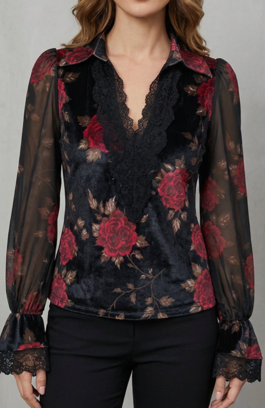 Women's Floral Velvet Lace-Trim Long Sleeve Blouse - Black