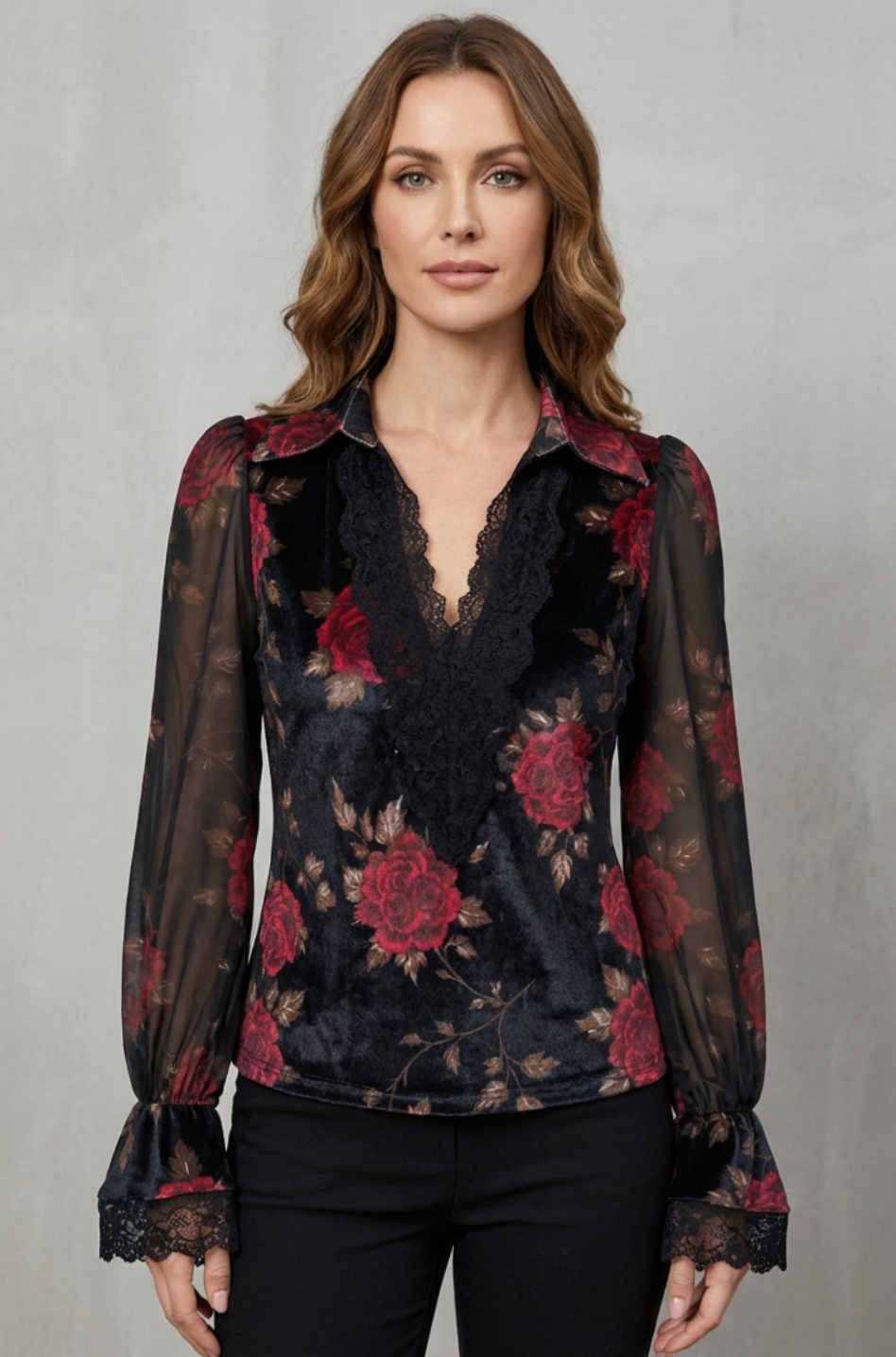 Women's Floral Velvet Lace-Trim Long Sleeve Blouse