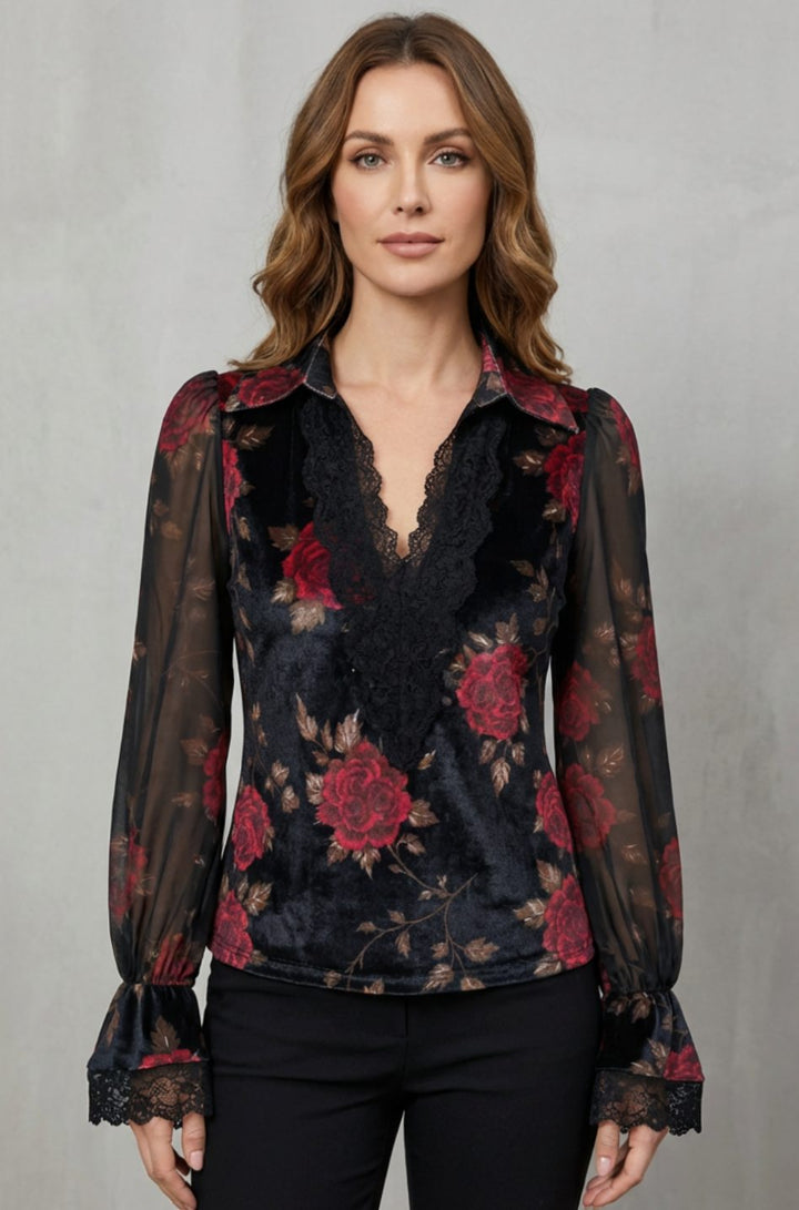Women's Floral Velvet Lace-Trim Long Sleeve Blouse