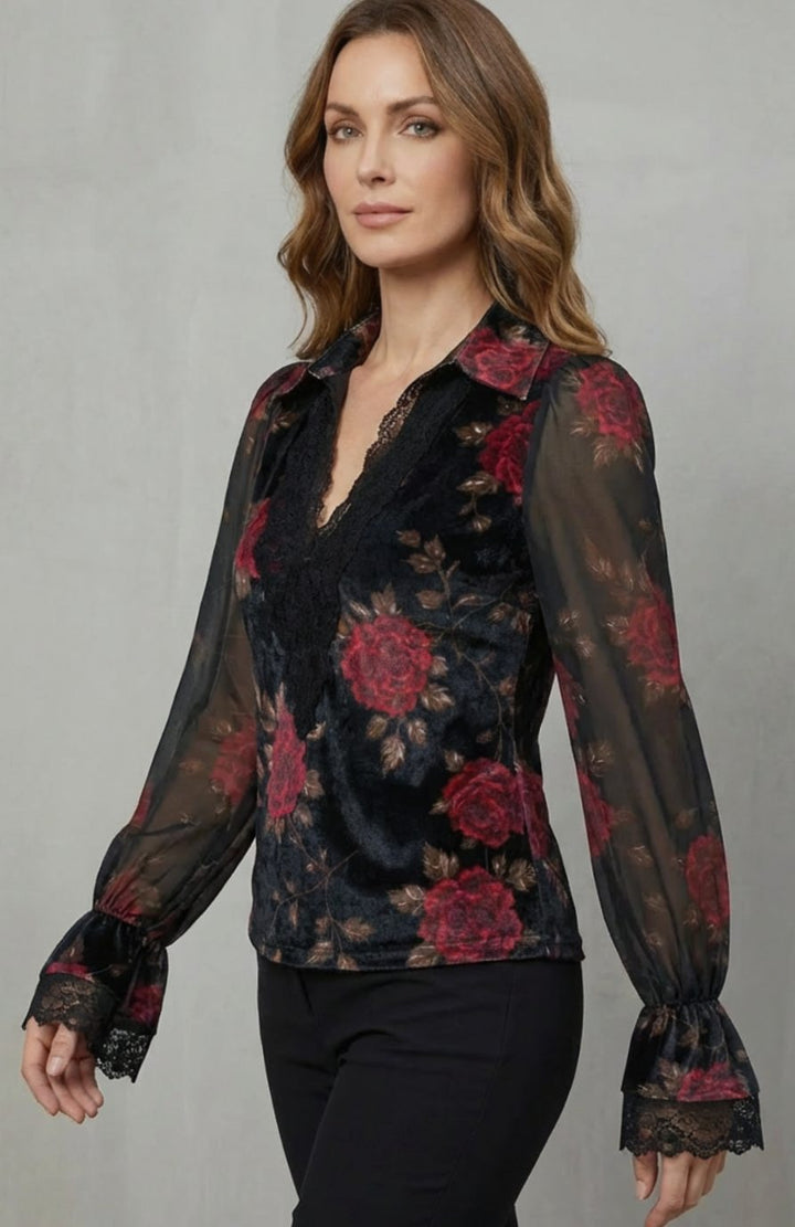 Women's Floral Velvet Lace-Trim Long Sleeve Blouse