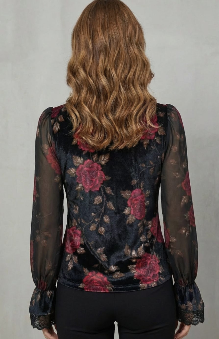 Women's Floral Velvet Lace-Trim Long Sleeve Blouse