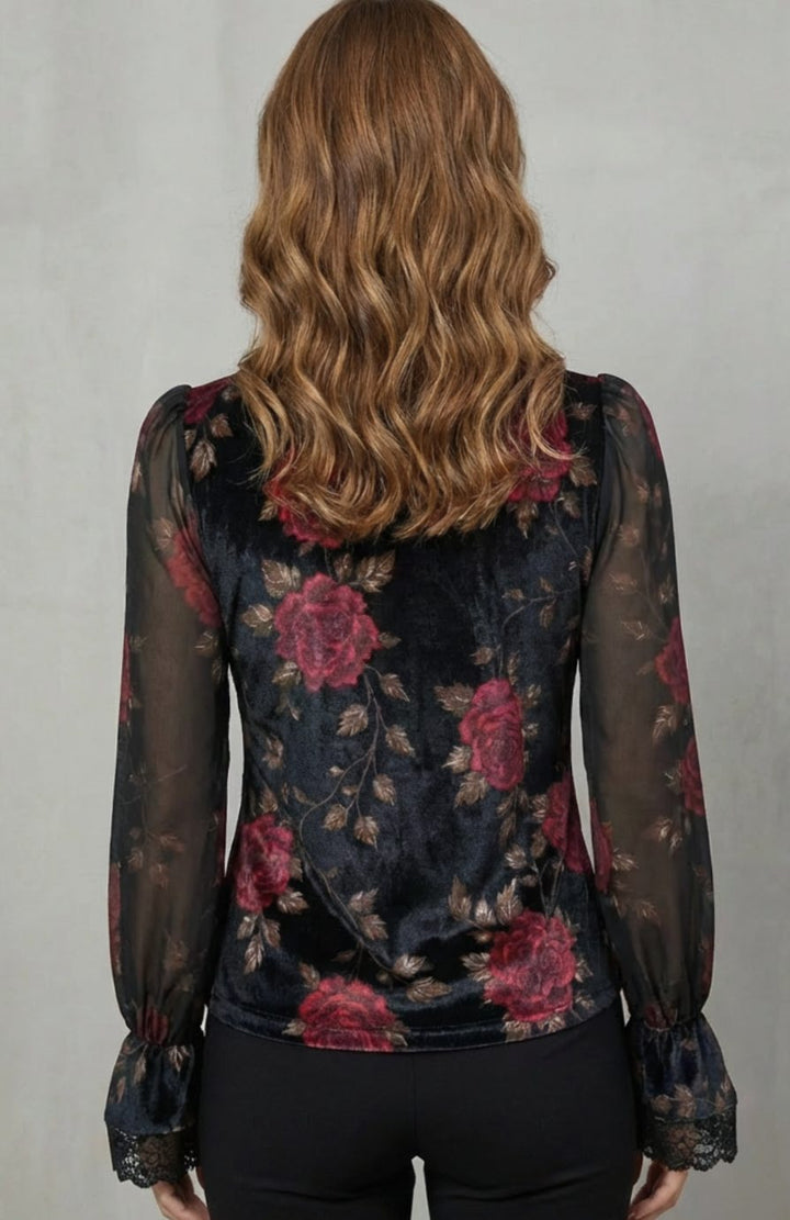 Women's Floral Velvet Lace-Trim Long Sleeve Blouse