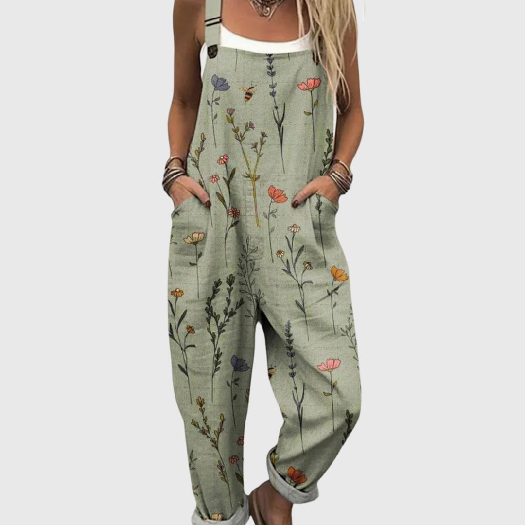 Women's Floral Wide-Leg Adjustable-Strap Bib Overalls Jumpsuit - Green