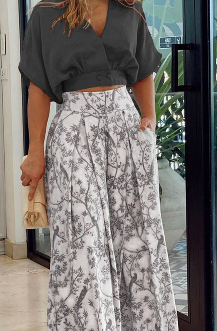 Women's Floral Wide-Leg Palazzo Pants Crop Top Two-Piece Set - Black
