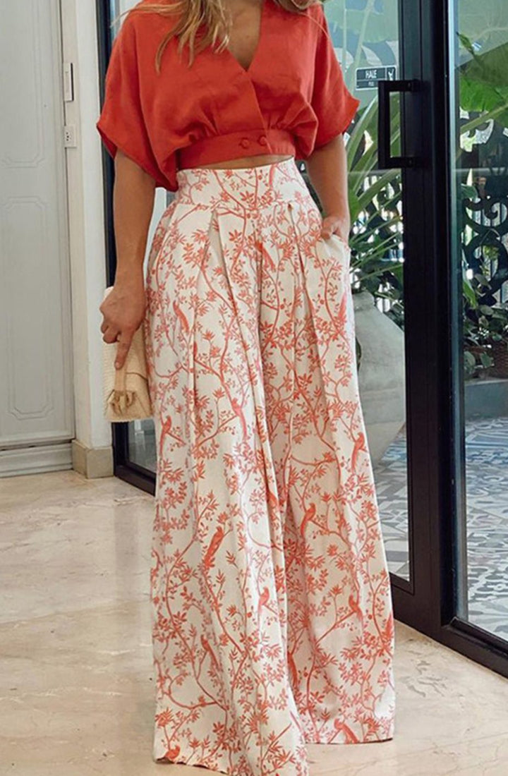 Women's Floral Wide-Leg Palazzo Pants Crop Top Two-Piece Set - Red
