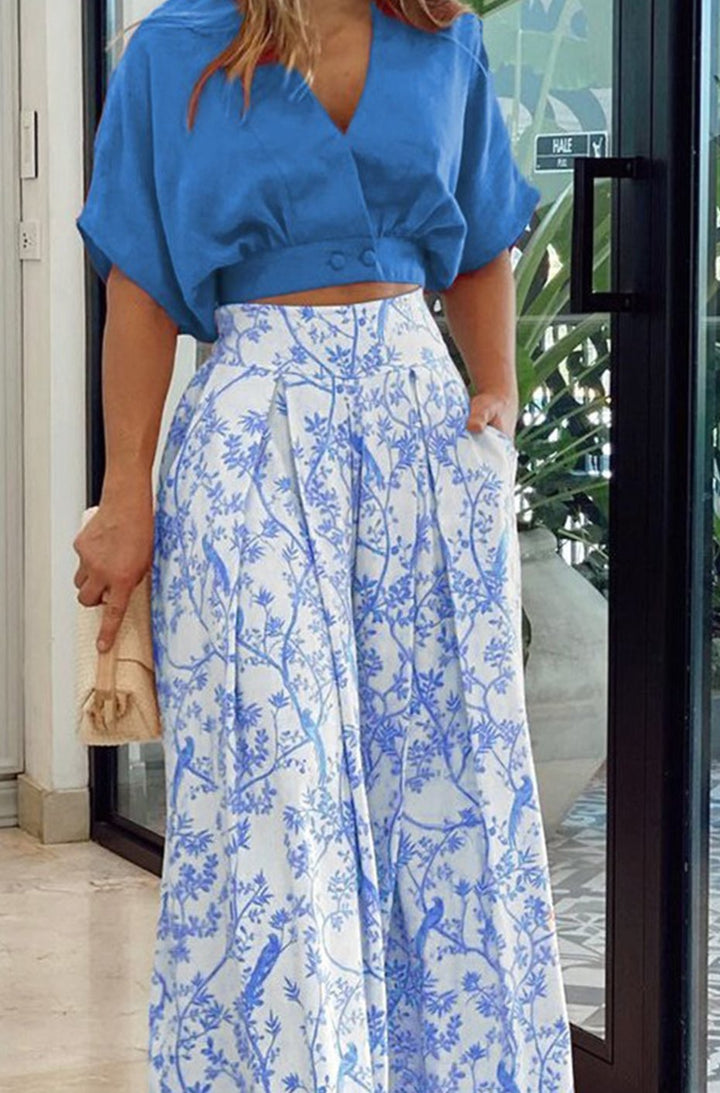 Women's Floral Wide-Leg Palazzo Pants Crop Top Two-Piece Set - Blue