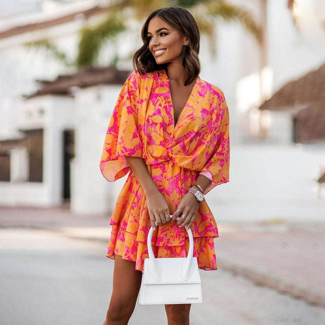 Women's Floral Wrap Mini Dress Wide-Sleeve Boho V-Neck - Orange