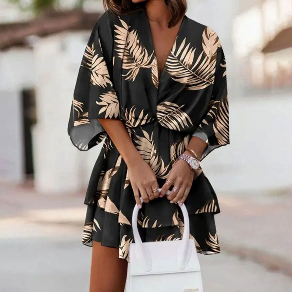 Women's Floral Wrap Mini Dress Wide-Sleeve Boho V-Neck - Black