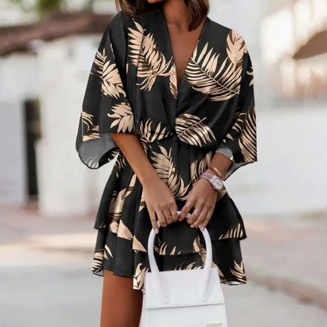 Women's Floral Wrap Mini Dress Wide-Sleeve Boho V-Neck - Black