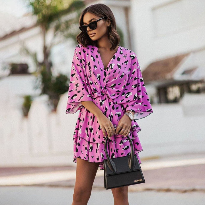 Women's Floral Wrap Mini Dress Wide-Sleeve Boho V-Neck - Pink