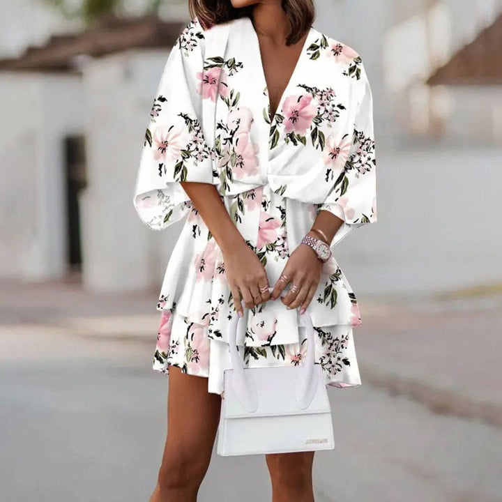 Women's Floral Wrap Mini Dress Wide-Sleeve Boho V-Neck - White