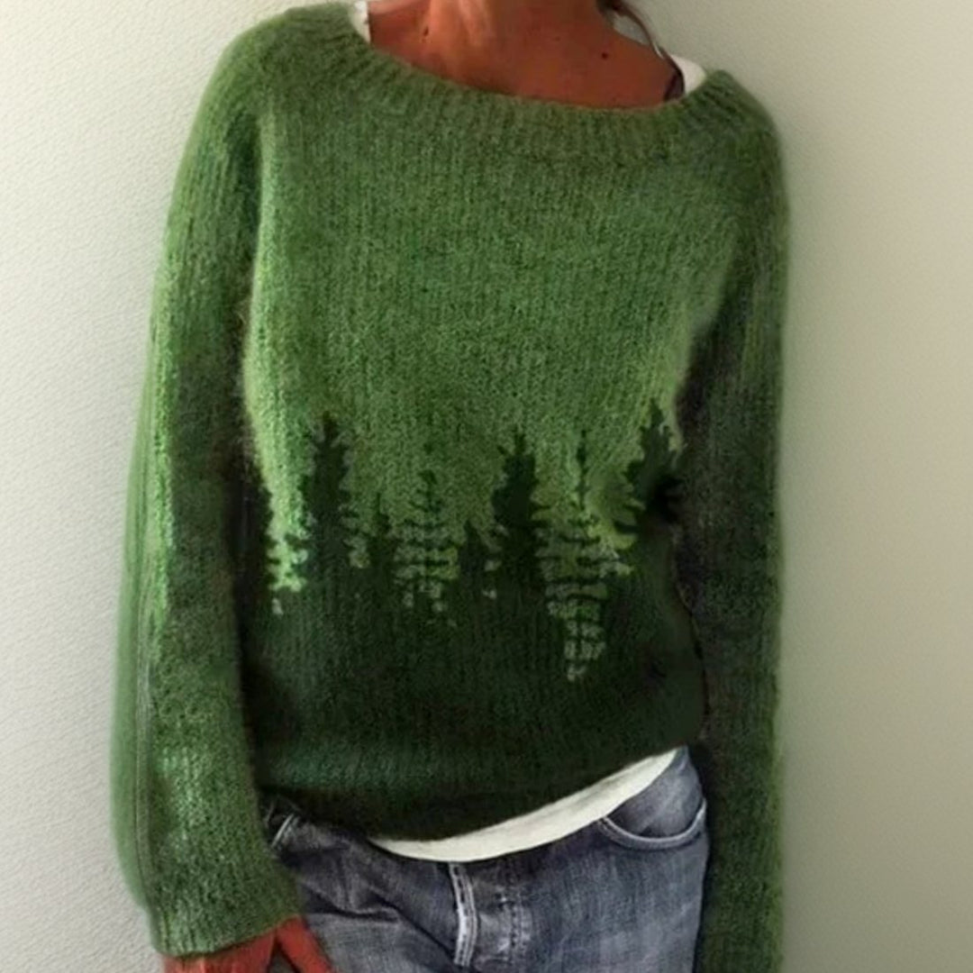 Women's Forest Print Oversized Crewneck Knit Sweater
