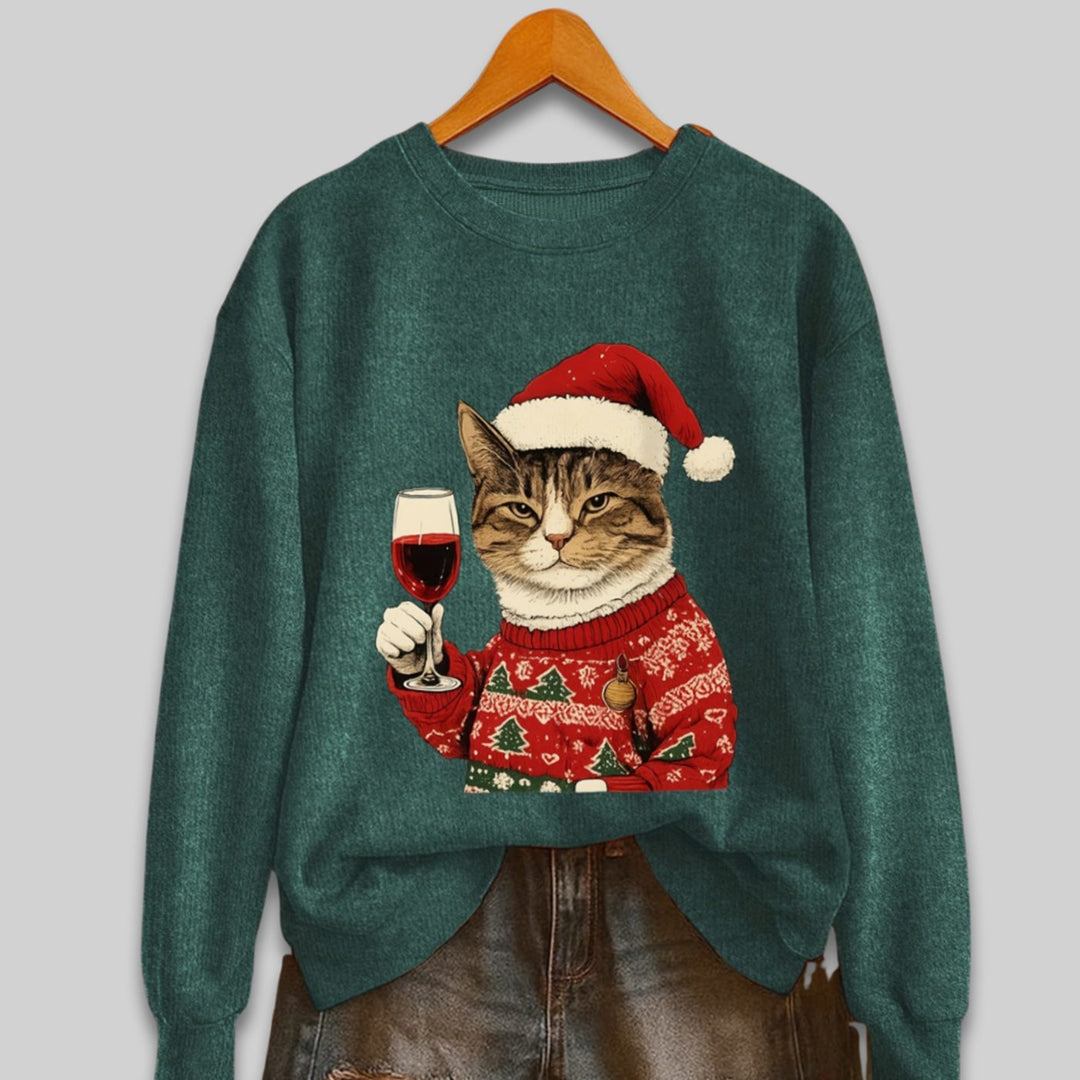 Women's Funny Christmas Cat Santa Graphic Crewneck Sweatshirt, Teal Green - Green