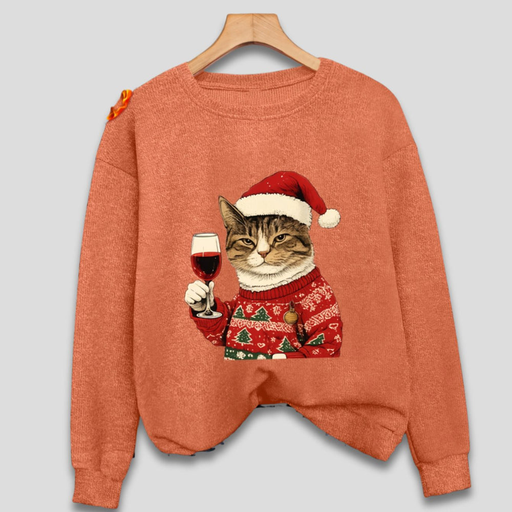 Women's Funny Christmas Cat Santa Graphic Crewneck Sweatshirt, Teal Green - Orange