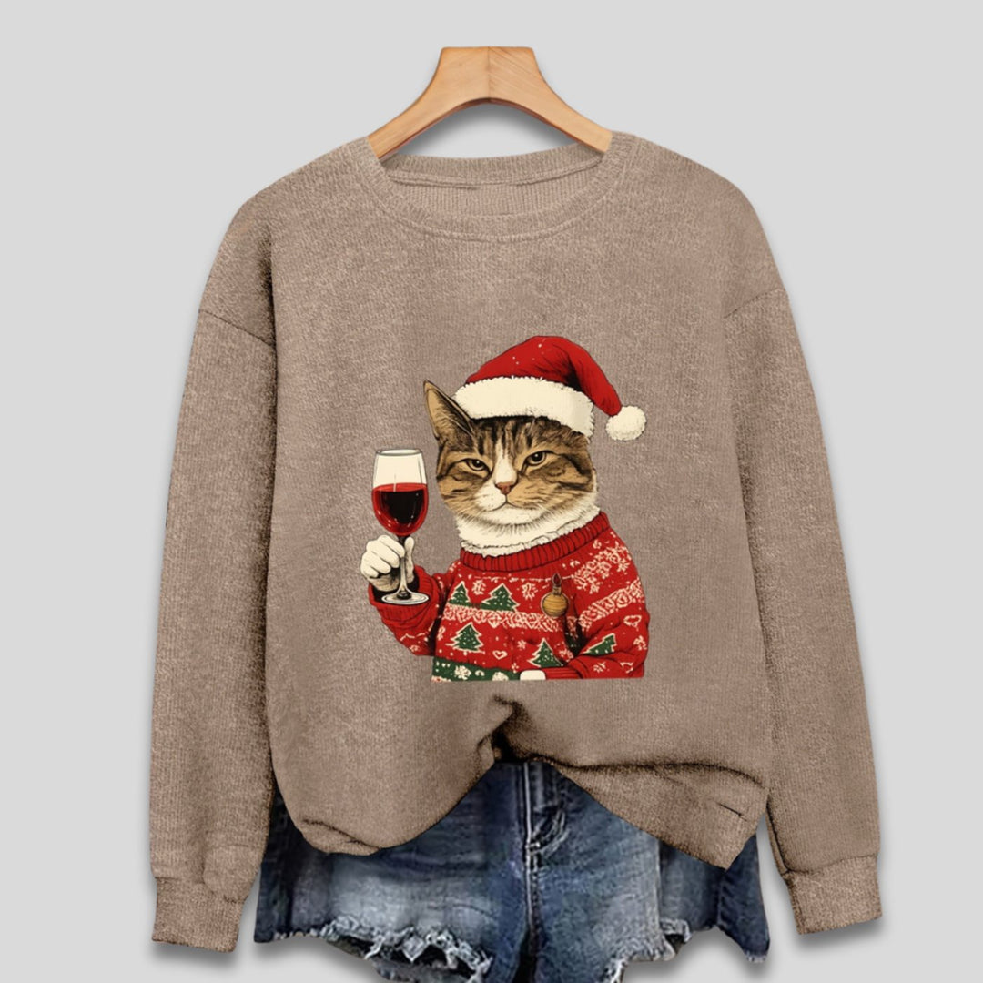 Women's Funny Christmas Cat Santa Graphic Crewneck Sweatshirt, Teal Green - Earth Brown