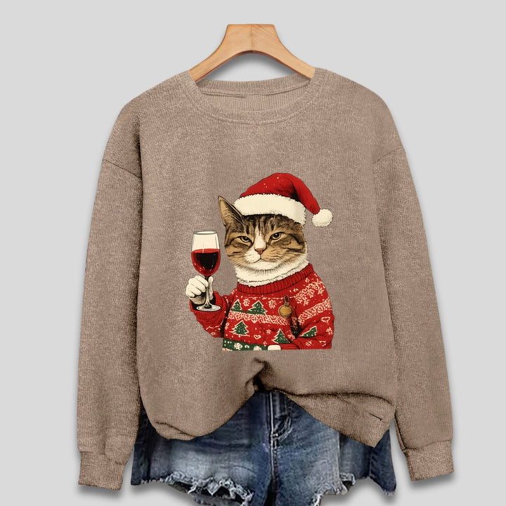 Women's Funny Christmas Cat Santa Graphic Crewneck Sweatshirt, Teal Green - Earth Brown