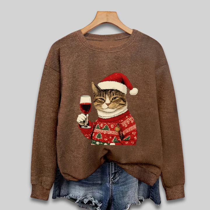 Women's Funny Christmas Cat Santa Graphic Crewneck Sweatshirt, Teal Green - Dark Brown