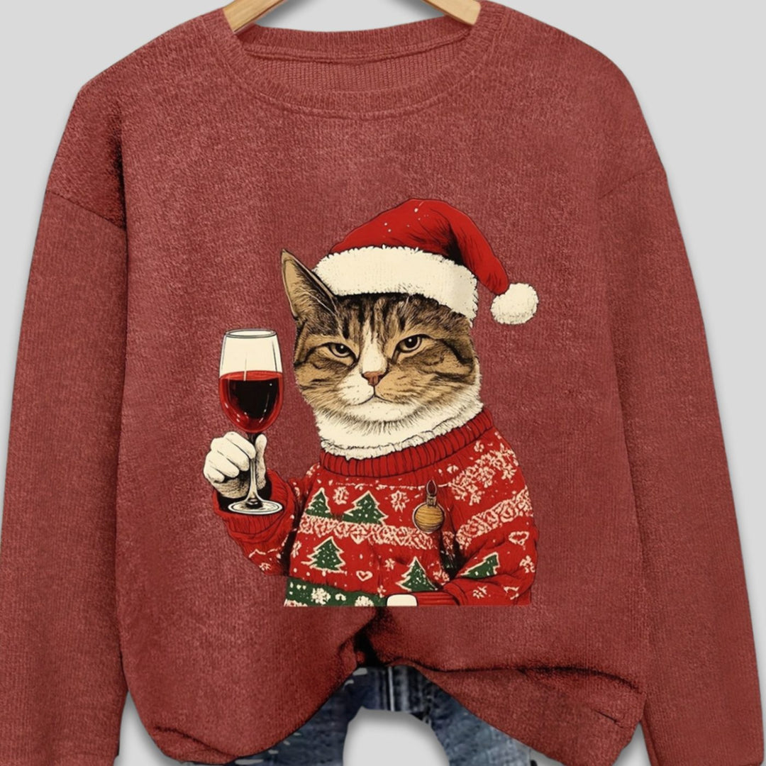 Women's Funny Christmas Cat Santa Graphic Crewneck Sweatshirt, Teal Green - Red