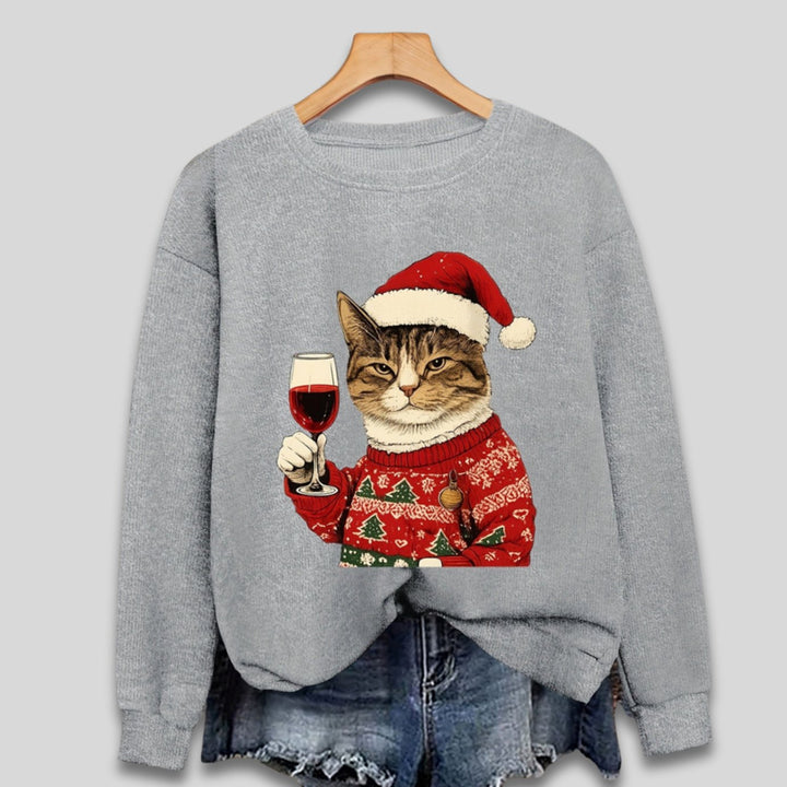 Women's Funny Christmas Cat Santa Graphic Crewneck Sweatshirt, Teal Green - Gray