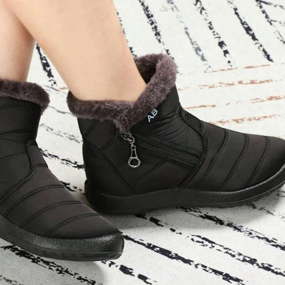 Women's Fur-Lined Zip-Up Winter Snow Ankle Boots - Black