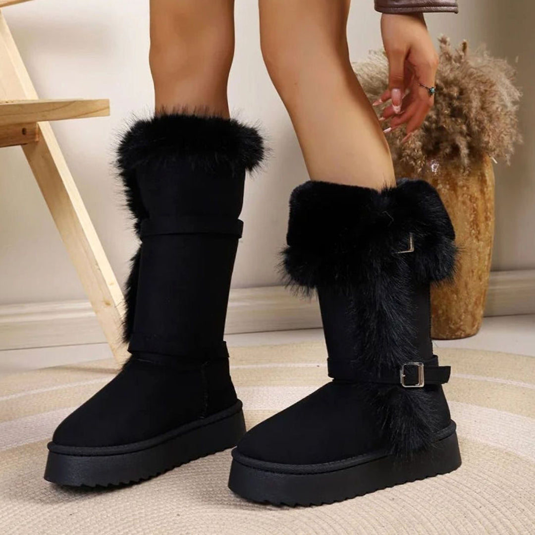 Women's Fur-Trim Chunky Platform Mid-Calf Snow Boots - Black