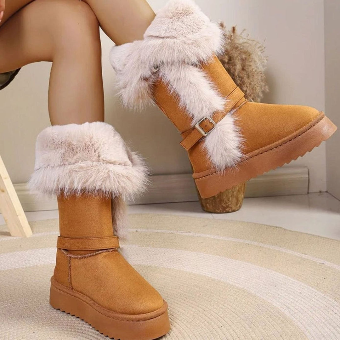Women's Fur-Trim Chunky Platform Mid-Calf Snow Boots - Camel