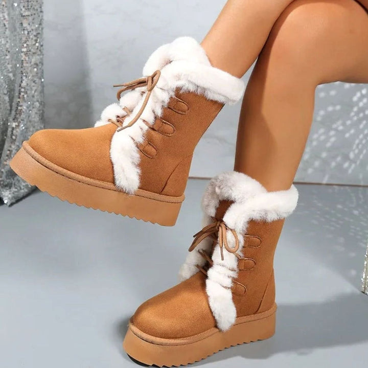 Women's Fur-Trim Lace-Up Mid-Calf Snow Boots - Brown